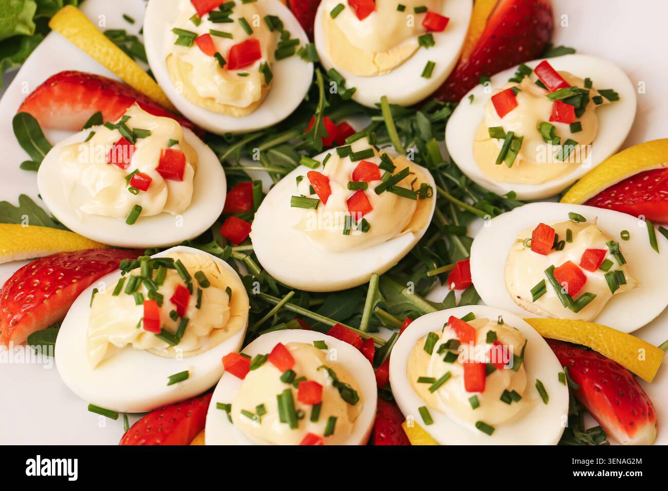 Oeufs farcis décorés de légumes et d'herbes fraîches. Fond d'apéritif fait maison pour les buffets festifs, les réunions de famille et la restauration de fête. Banque D'Images