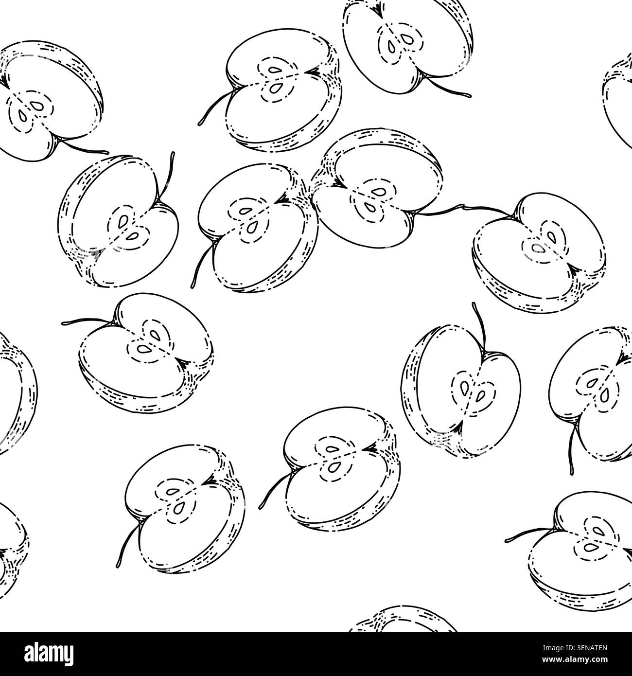 modèle sans couture esquisse de pièce de pomme dessinée à la main tranche de coupe vectorielle. demi-fruit. frais juteux. partie douce illustration de ligne noire vintage Illustration de Vecteur