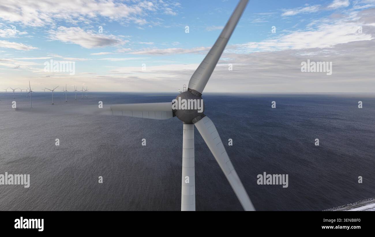 Vue aérienne rapprochée des pales d'éoliennes en rotation au-dessus de l'océan Banque D'Images