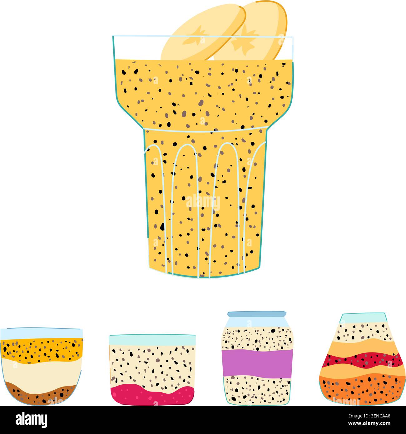 Collection de divers puddings de graines de chia dans différents récipients en verre et bocaux, avec des couches de fruits, de graines et de textures crémeuses, créant des nutriti Illustration de Vecteur