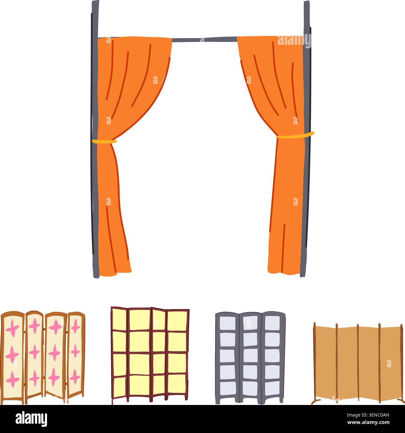 Divers séparateurs de pièce décoratifs et rideaux de scène fournissant des solutions flexibles pour le cloisonnement, l'intimité et la création de zones distinctes pour les intérieurs, Illustration de Vecteur
