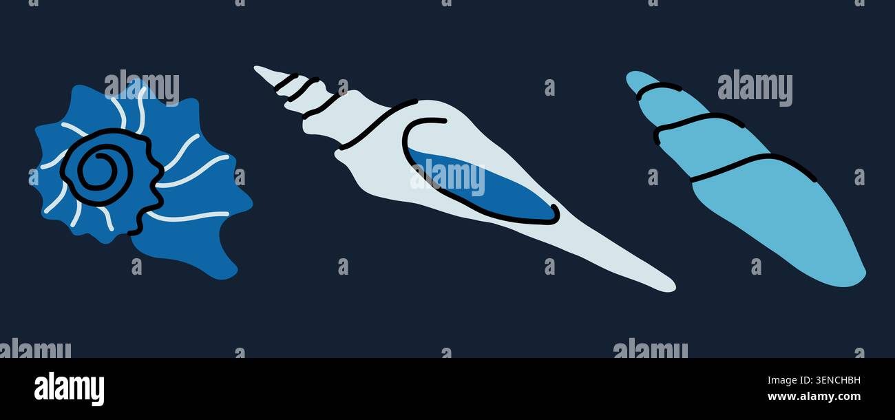 Conque allongée et coquilles marines bleues spirales isolées sur fond sombre. Ensemble d'éléments vectoriels marins esthétiques minimalistes, idéal pour le nautique moderne Illustration de Vecteur