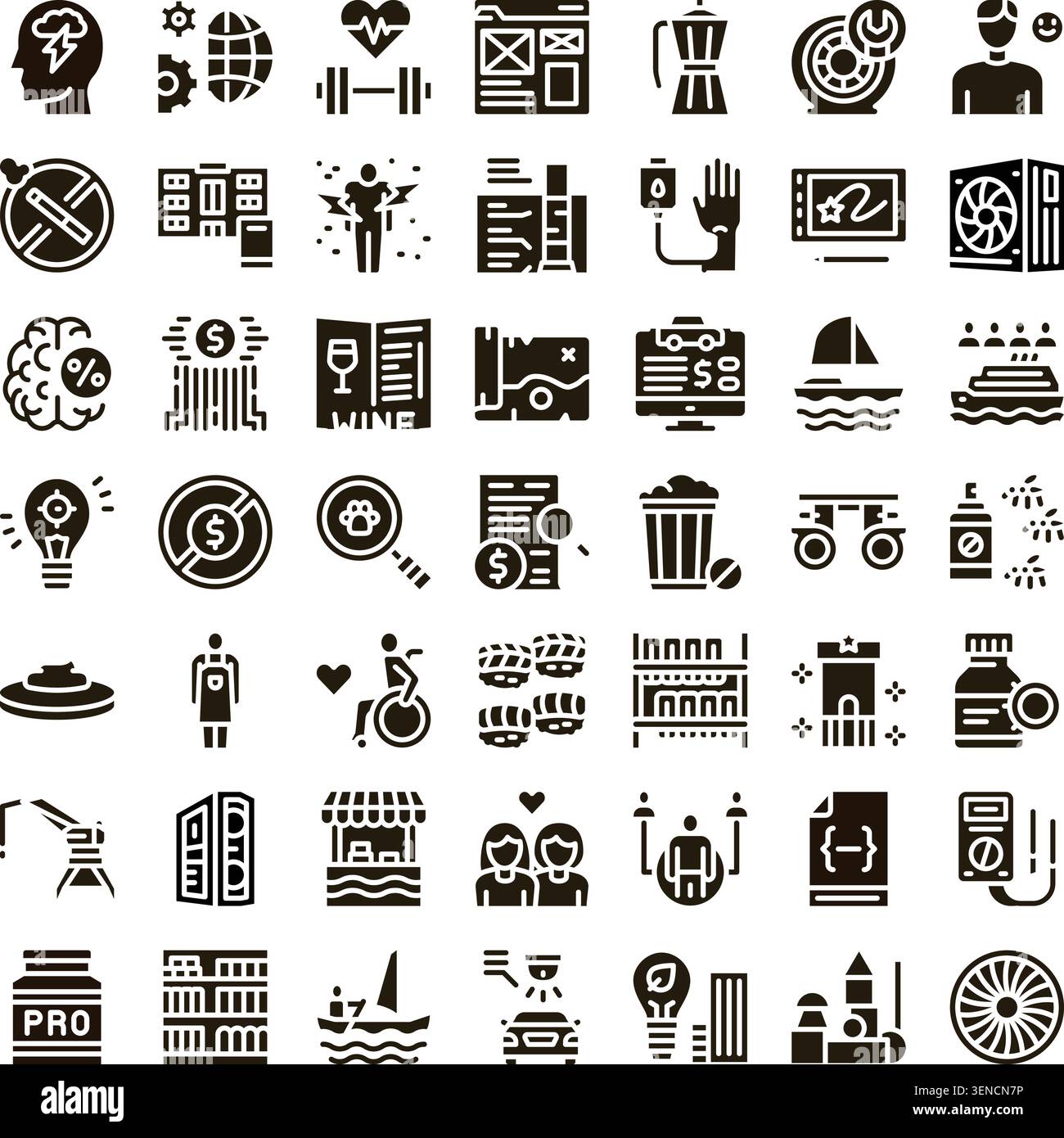 Grille de diverses icônes de glyphe monochromes représentant des concepts de diverses industries, y compris la finance, la technologie, le sport, la santé, l'éducation, et lif Illustration de Vecteur