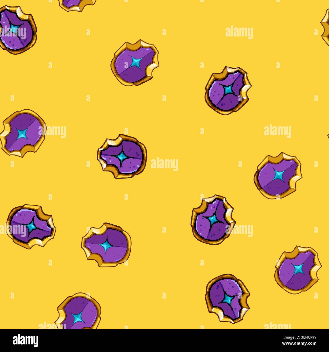 Motif sans couture bouclier fantastique stylisé avec une bordure dorée proéminente et un emblème d'étoile bleu chatoyant sur sa surface violette, représentant protecti Illustration de Vecteur