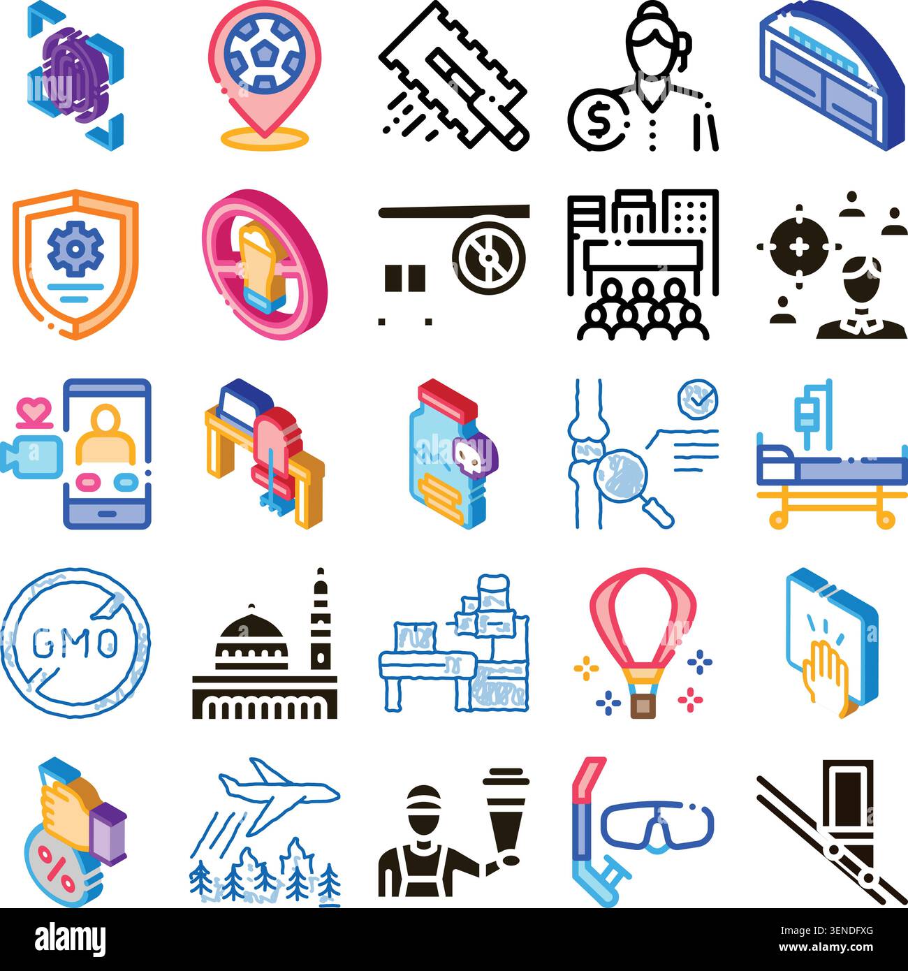Ensemble d'icônes isométriques et linéaires assorties couvrant des thèmes comme les affaires, médical, technologie, voyage, nourriture, sports, et environnement, idéal pour le web et Illustration de Vecteur