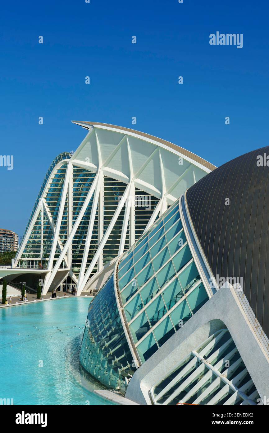 La Cité des Arts et des Sciences de Valence Espagne avec son architecture futuriste entourant une piscine bleu clair sous un ciel ensoleillé Banque D'Images