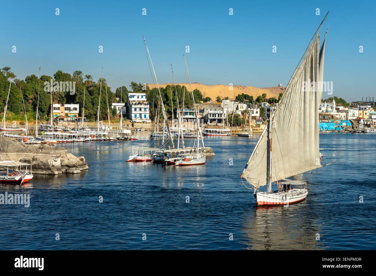 Felucca (bateau à voile égyptien traditionnel) sur le Nil à Assouan, Egypte Banque D'Images