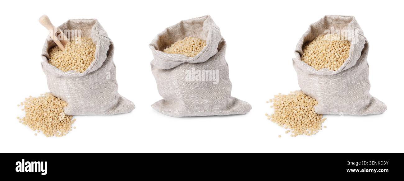 Couscous en sac isolé sur blanc, set Banque D'Images