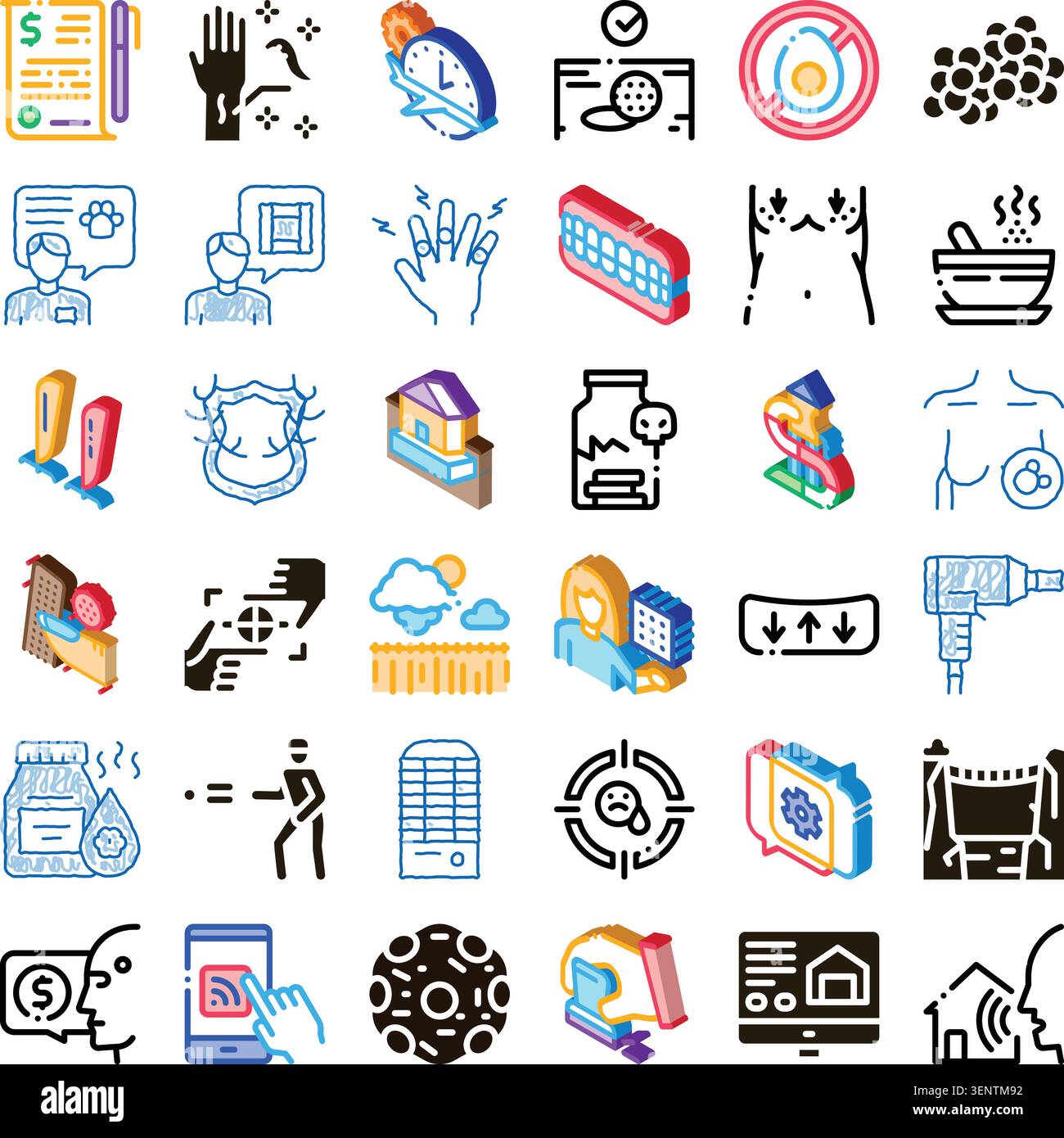 Collection d'illustrations isométriques représentant des réactions allergiques, des allergies alimentaires, des traitements médicaux, des affections cutanées et divers symptômes causant Illustration de Vecteur