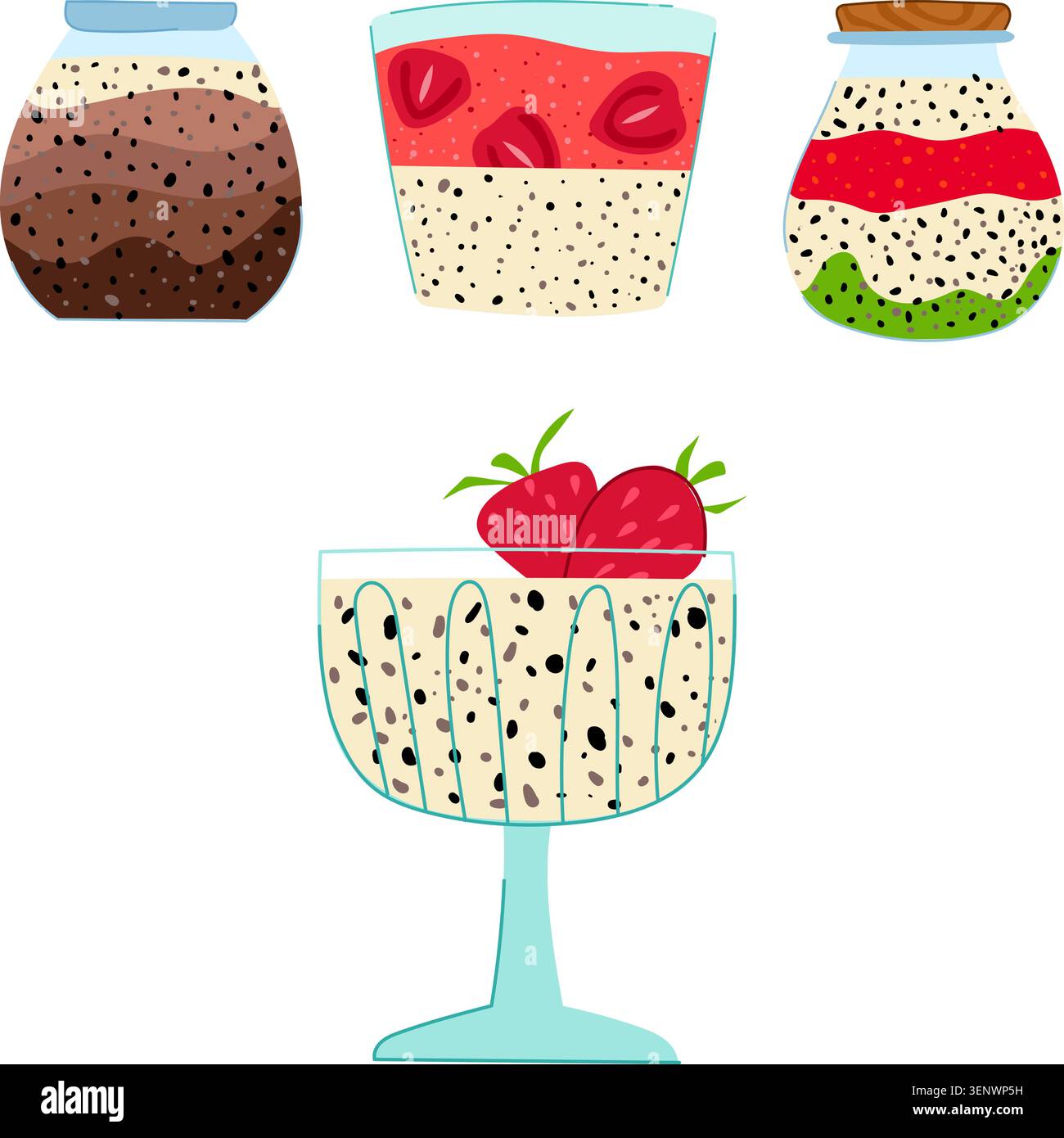 Puddings aux graines de chia offrant diverses saveurs et textures, avec des couches de fruits, chocolat et crème, servis dans des verres individuels et des pots pour un nutr Illustration de Vecteur