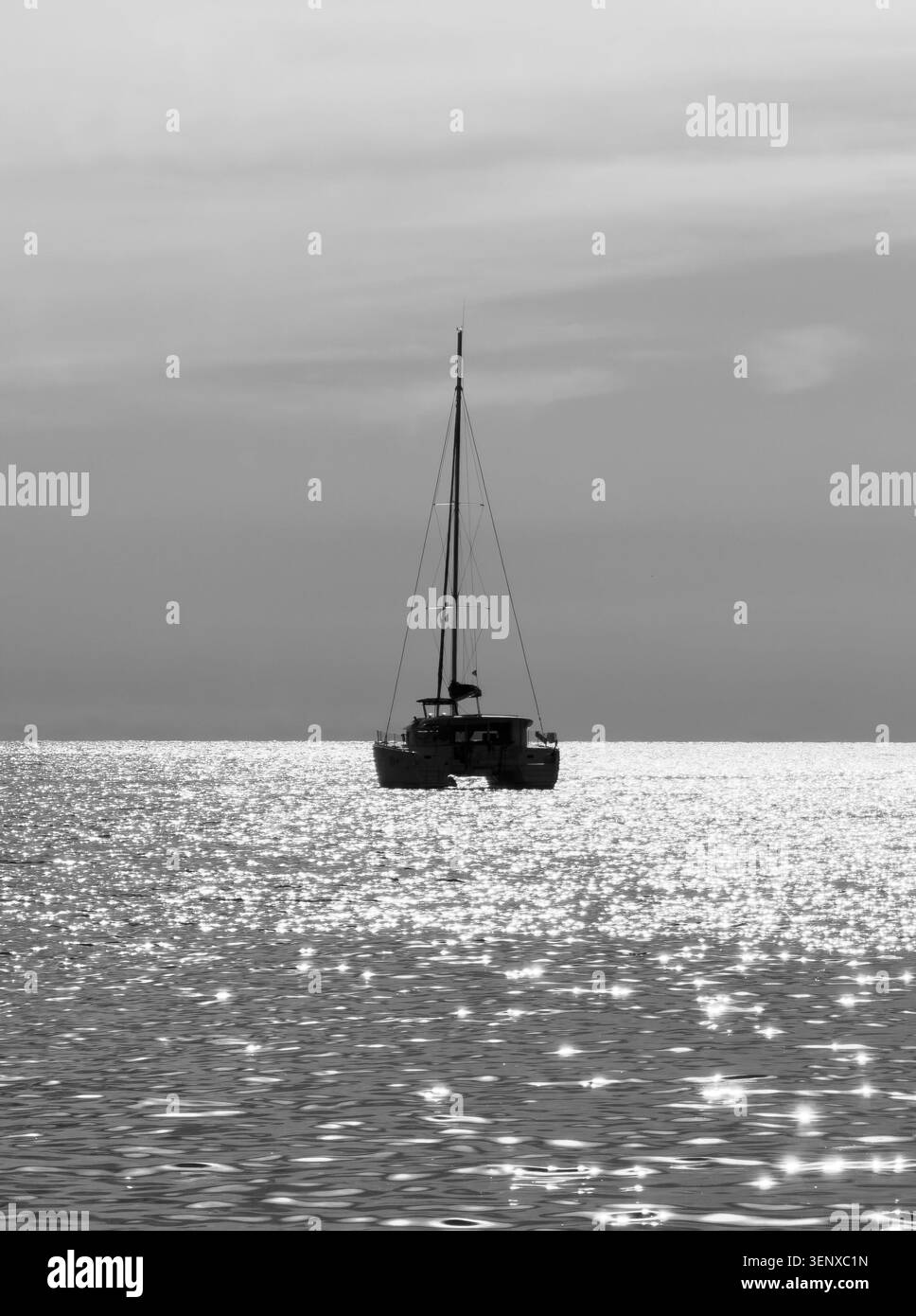 Conversion en noir et blanc d'un catamaran solitaire sur des eaux grises calmes sous un ciel couvert, créant une composition minimaliste et atmosphérique. Banque D'Images