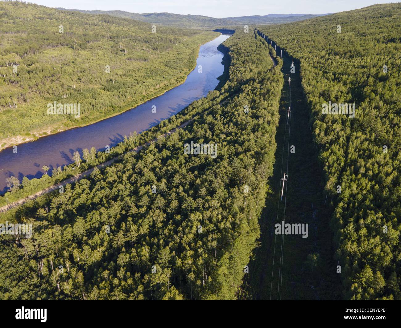 Cette vue sereine met en valeur la beauté naturelle étonnante de Vladivostok, en Russie. Une rivière sinueuse coule à travers une riche forêt verte, avec des lignes électriques tra Banque D'Images