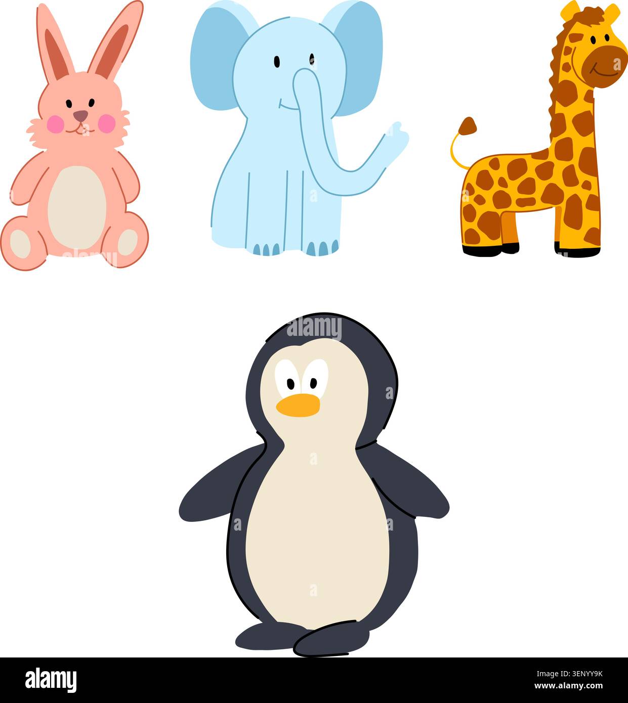 Adorables animaux en peluche, y compris un lapin rose, un éléphant bleu, une girafe tachetée et un pingouin noir et blanc debout ensemble, créant un an ludique Illustration de Vecteur