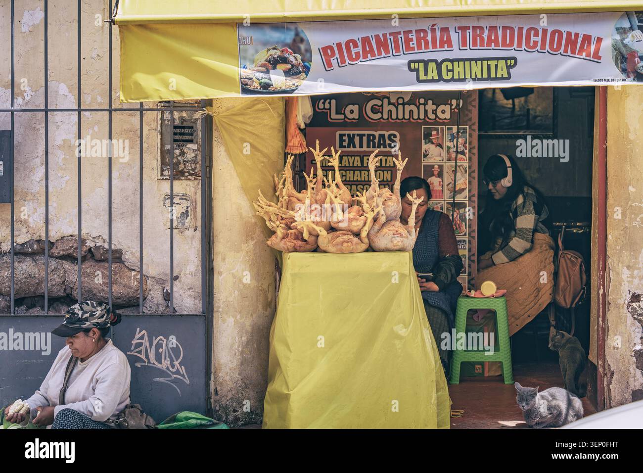 Cusco, Pérou - 23 mars 2025 : scène de rue locale montrant une exposition de volailles préparées, des femmes locales et un petit chat reposant sur le trottoir à l'extérieur de S. Banque D'Images