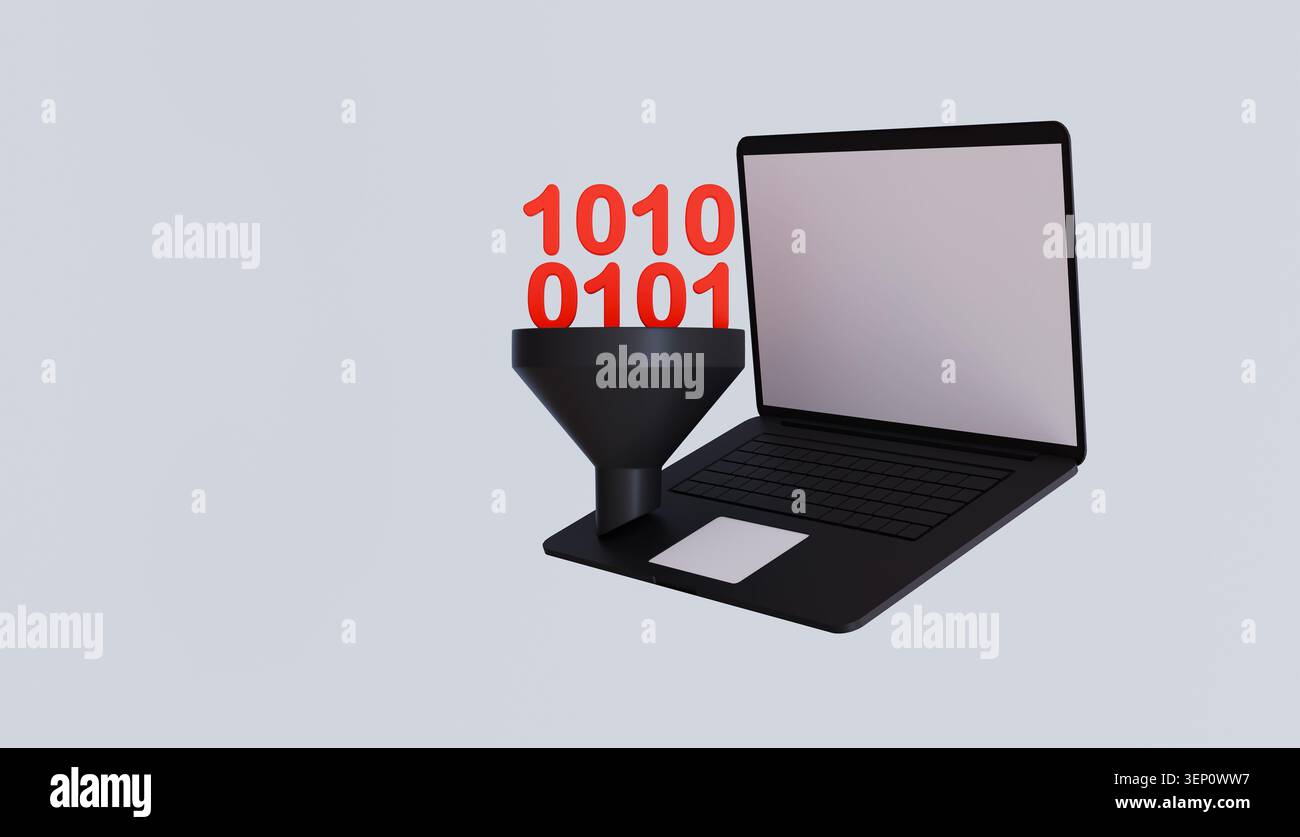 Ordinateur avec filtre de code binaire, programmation Web, ordinateur portable avec entonnoir, concept Big Data Banque D'Images