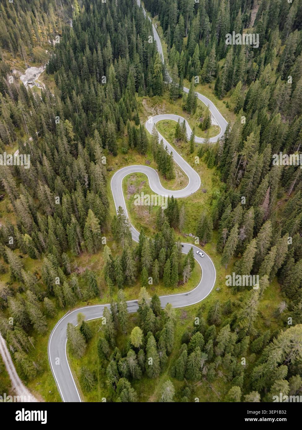 Vue aérienne de la route de montagne sinueuse et de la forêt de sapins à Passo di Giau, Dolomites Banque D'Images