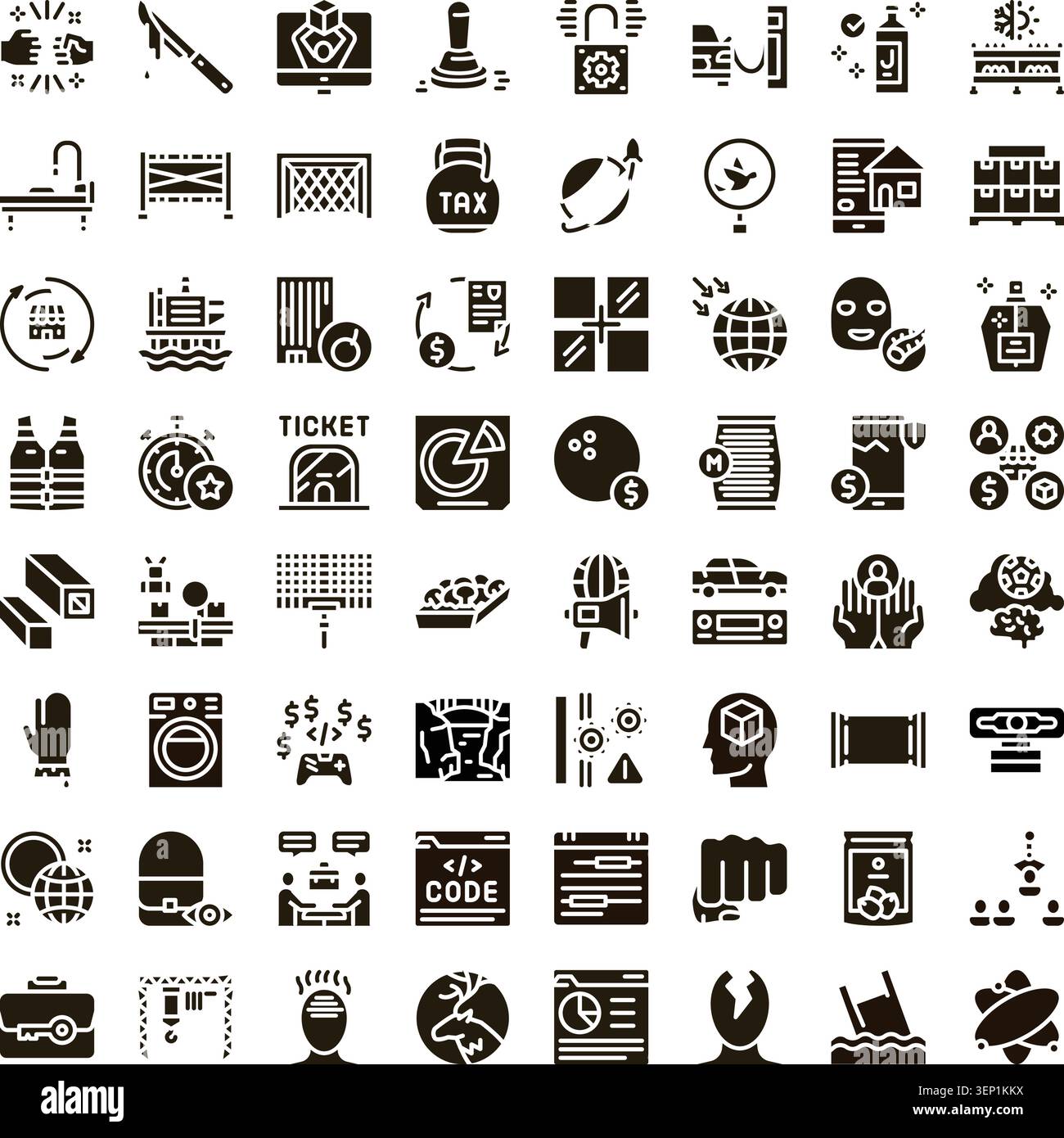 Collection d'icônes de glyphe monochromes représentant divers concepts liés aux affaires, à la finance, au shopping, au commerce électronique et à la technologie, parfait pour le Web et M. Illustration de Vecteur