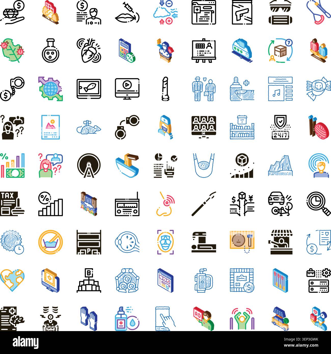 Collection diversifiée d'icônes isométriques illustrant un large éventail de concepts, y compris les affaires, la finance, les soins médicaux, la technologie, la communication, et Illustration de Vecteur