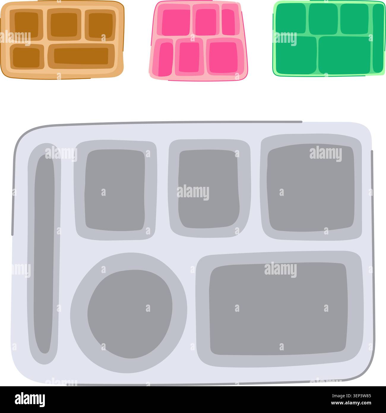 Divers plateaux de service colorés et monochromes avec plusieurs sections, idéaux pour organiser des portions de nourriture dans les cafétérias, les écoles ou les restaurants, symbo Illustration de Vecteur