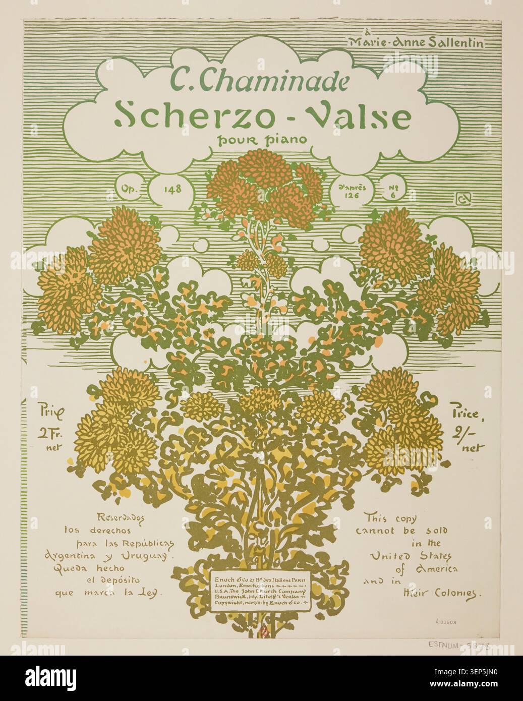 Une couverture décorative gravée présente des représentations végétales de chrysanthème disposées selon une composition botanique stylisée associée à la série d’œuvres imprimées de George Auriol, reflétant la pratique du design floral ornemental dans les arts graphiques français de la fin du XIXe au début du XXe siècle. Banque D'Images