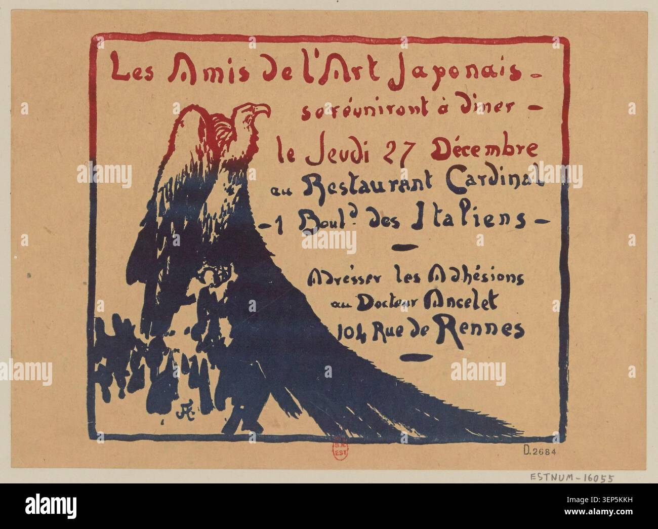 Une carte d'invitation annonce un dîner-réunion des amis de l'art japonais qui s'est tenu au Restaurant Cardinal sur le Boulevard des Italiens à Paris le 27 décembre 1906, présenté dans une composition décorative gravée. Banque D'Images