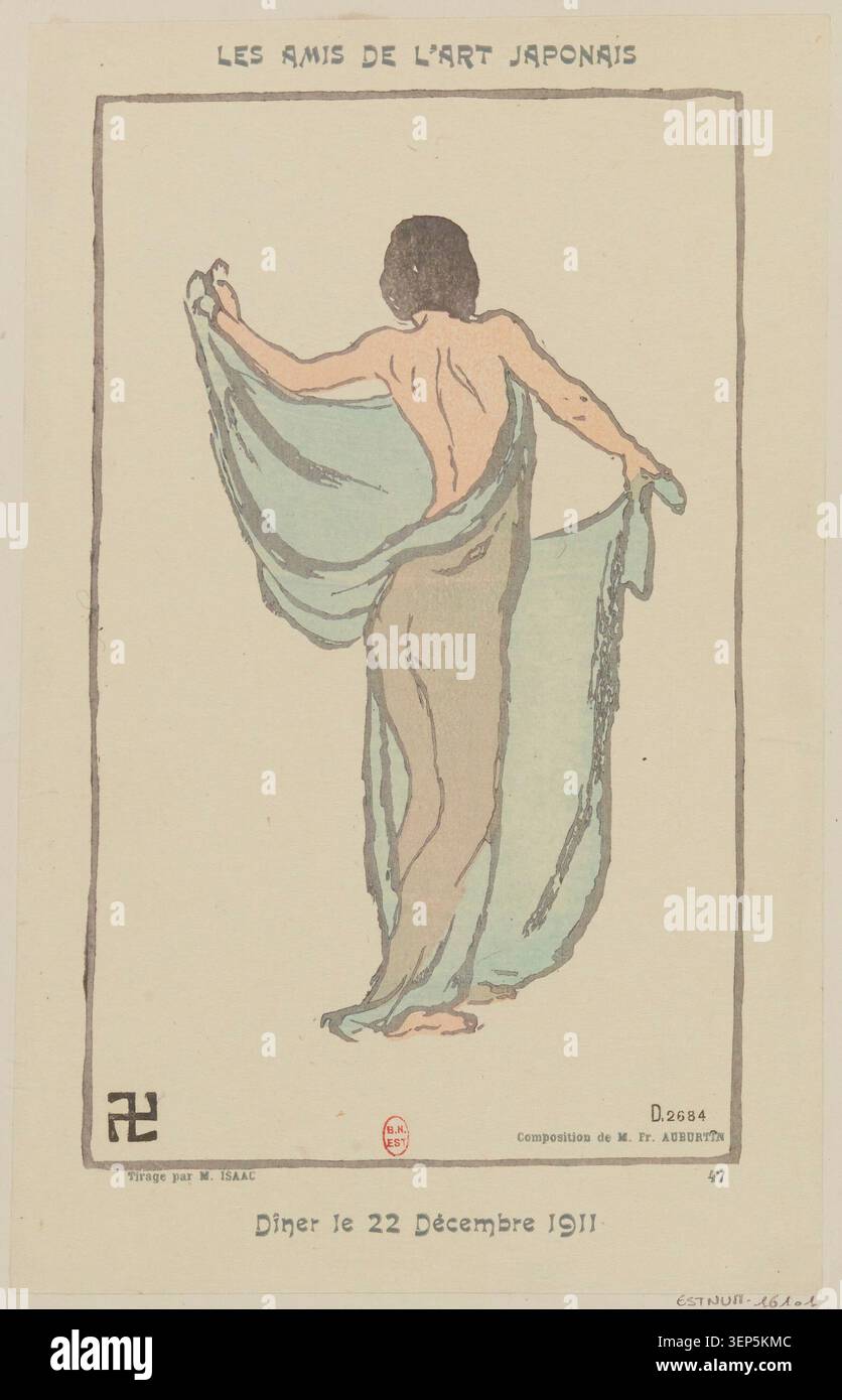 Une gravure présente une carte d'invitation au dîner des amis de l'art japonais du 22 décembre 1911, réalisée à partir d'une composition de Jean Francis Auburtin, associée à des images décoratives imprimées utilisées pour un événement de la société artistique parisienne et reflétant les intérêts d'échange culturel du début du XXe siècle. Banque D'Images