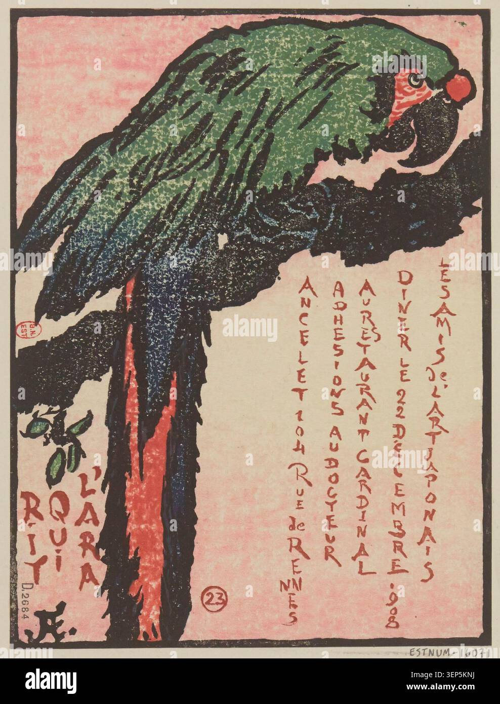 Une carte d’invitation pour le dîner des amis de l’art japonais organisé le 22 décembre 1908 au Restaurant Cardinal présente des éléments de gravure décoratifs imprimés et un design calligraphique liés à Jean Francis Auburtin à Paris. Banque D'Images