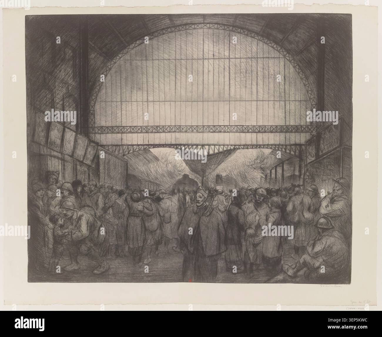 La gravure présente Paris Gare de l’est pendant la première Guerre mondiale en 1916, avec le départ de soldats connus sous le nom de Poilus et des familles rassemblées sur des quais alors que les troupes partent pour le front, capturant la mobilisation en temps de guerre et l’atmosphère de la gare ferroviaire à Paris, en France. Banque D'Images