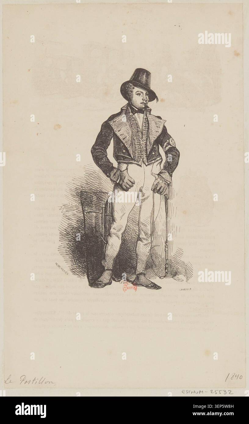 Une plaque d'illustration pour le chapitre 'le Postilion' dans 'les Français peints par eux-mêmes' a été dessinée par Henry Monnier en 1840. La gravure est centrée sur une figure de coachman et contribue à une enquête sur les types sociaux du XIXe siècle. Banque D'Images