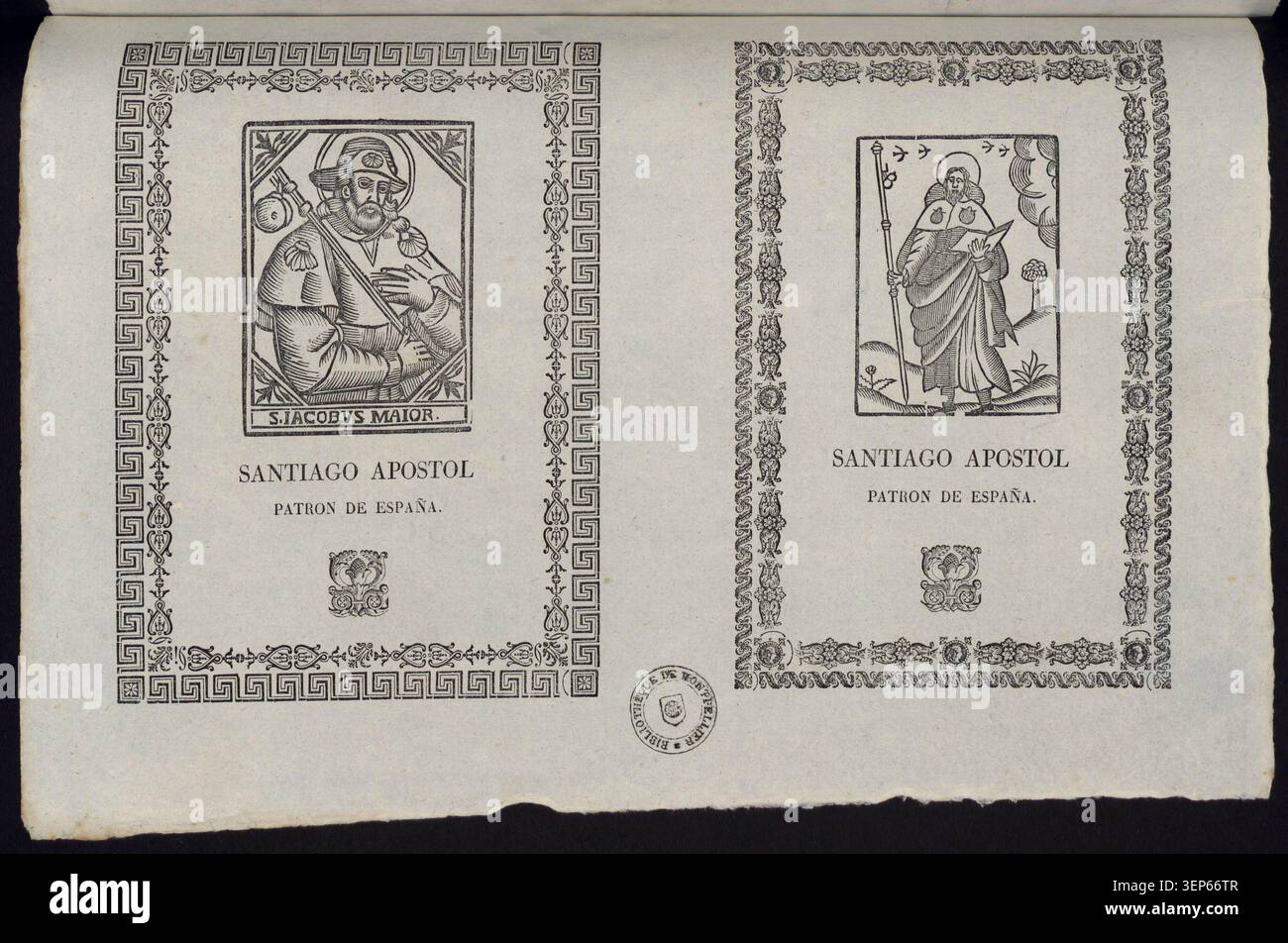 La gravure présente Saint Jacques comme patron de l'Espagne dans la tradition catholique de dévotion, reflétant l'identité religieuse ibérique et la vénération de Santiago comme figure apostolique dans la pratique spirituelle et culturelle espagnole. Banque D'Images