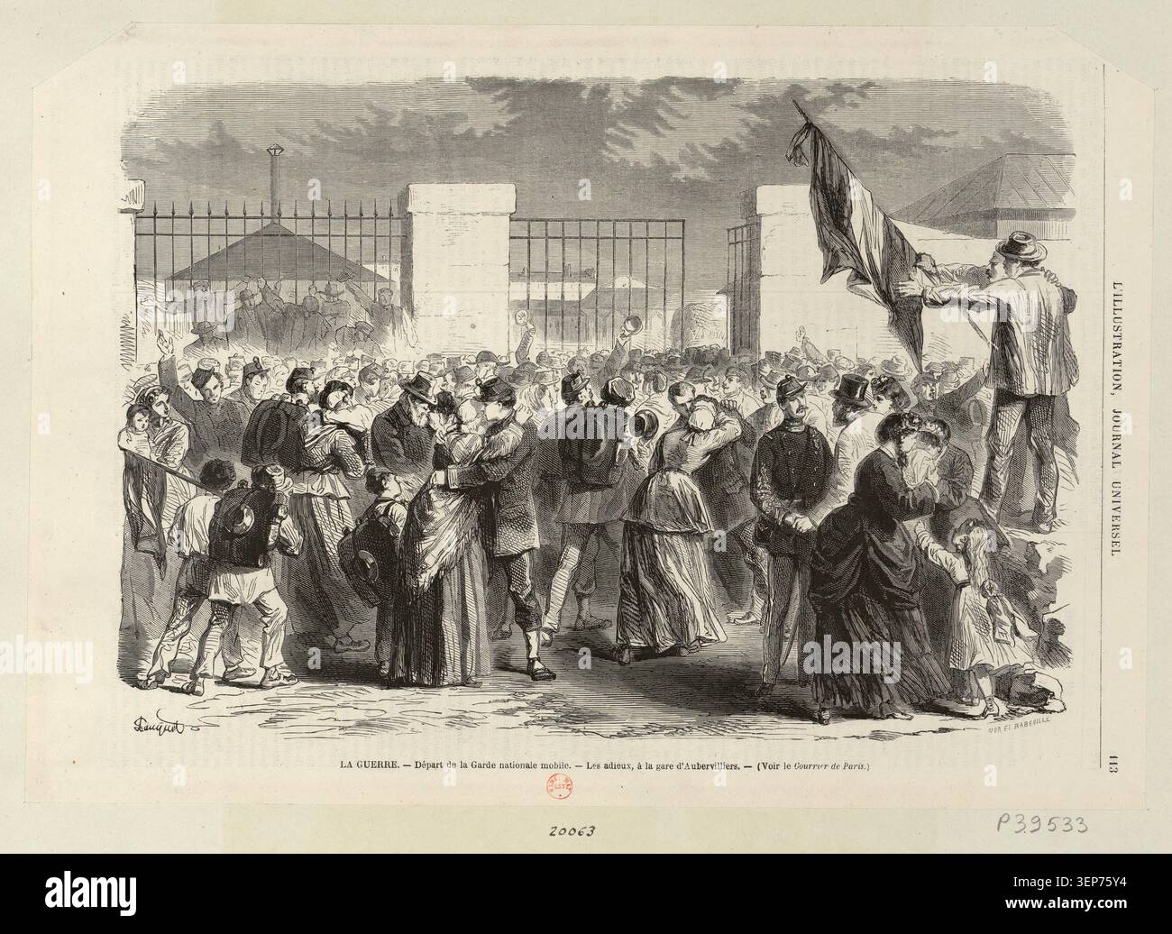 La gravure montre la Garde nationale mobile au départ de la gare d'Aubervilliers en 1870, avec des familles et des foules rassemblées pour faire leurs adieux alors que les troupes partent en train pendant la mobilisation franco-prussienne pour la guerre en France. Banque D'Images