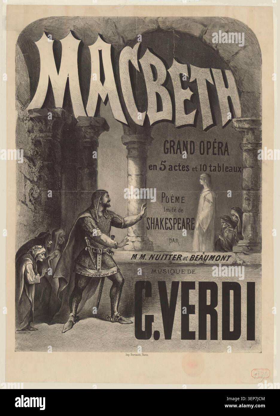 Affiche lithographiée annonçant le grand opéra Macbeth de Verdi en cinq actes avec livret adapté de Shakespeare de Nuitter et Beaumont d'après Piave, conçu par Antoine Barbizet pour une représentation à Paris en 1865, présentant la promotion de l'opéra du milieu du XIXe siècle sur la scène théâtrale française. Banque D'Images