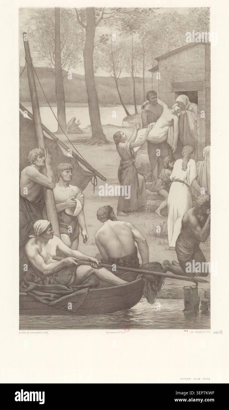 Une lithographie de 1884 de Georges William Thornley d'après Pierre Puvis de Chavannes présente la rencontre de Sainte Geneviève et Saint Germain d'Auxerre, reflétant l'illustration narrative religieuse française du XIXe siècle et les pratiques académiques de reproduction lithographique. Banque D'Images