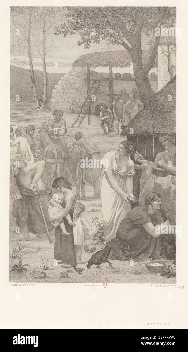 Une lithographie de 1884 de Georges William Thornley d'après Pierre Puvis de Chavannes présente la même composition de sainte rencontre, reflétant la reproduction lithographique religieuse française du XIXe siècle et les traditions académiques d'illustration narrative. Banque D'Images