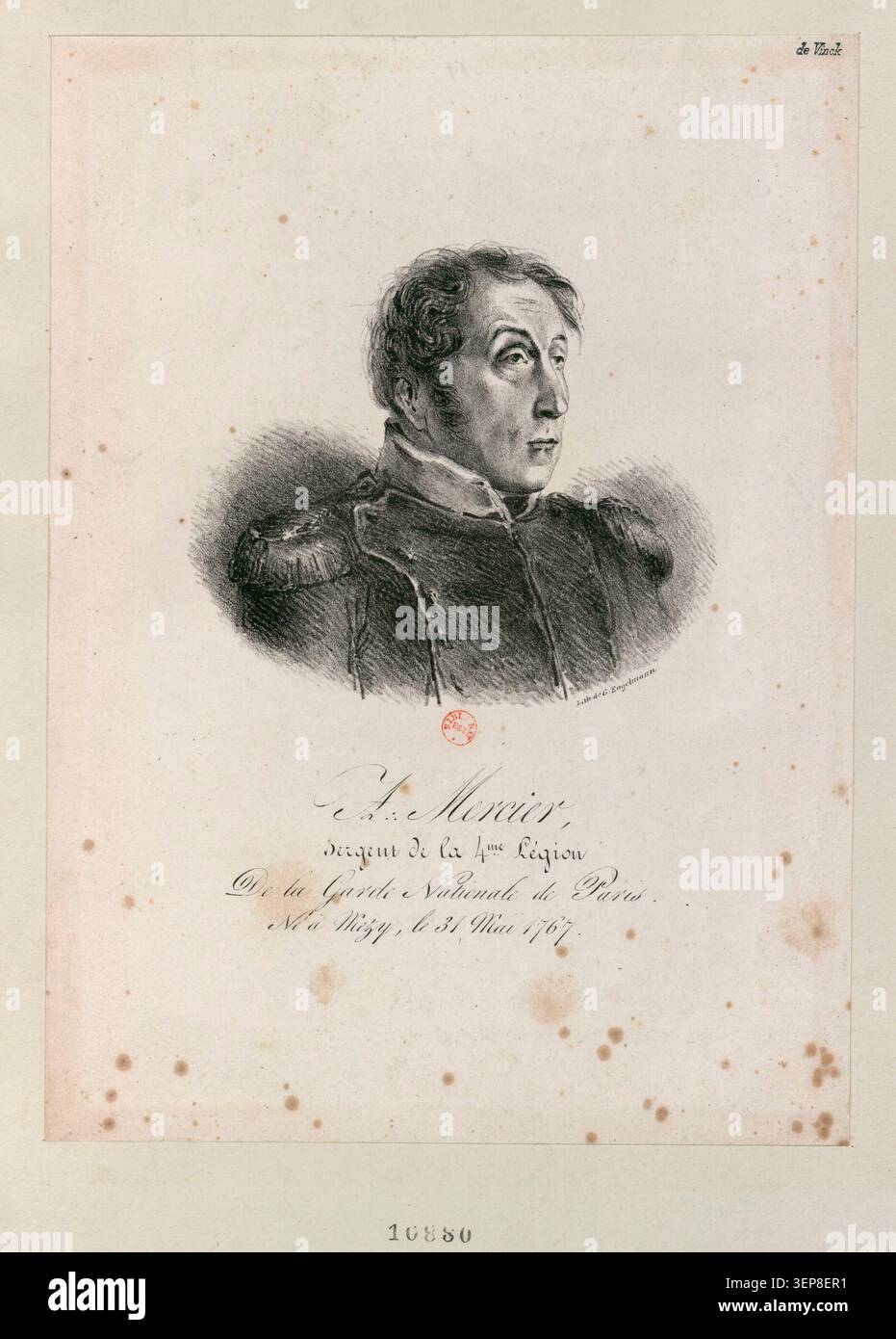 A. Mercier, sergent de la 4e Légion de la Garde nationale de Paris, né à Mézy le 31 mai 1767, est présenté dans une lithographie officielle d'identification militaire réalisée en 1823 montrant le service civique en uniforme dans la France post-napoléonienne. Banque D'Images
