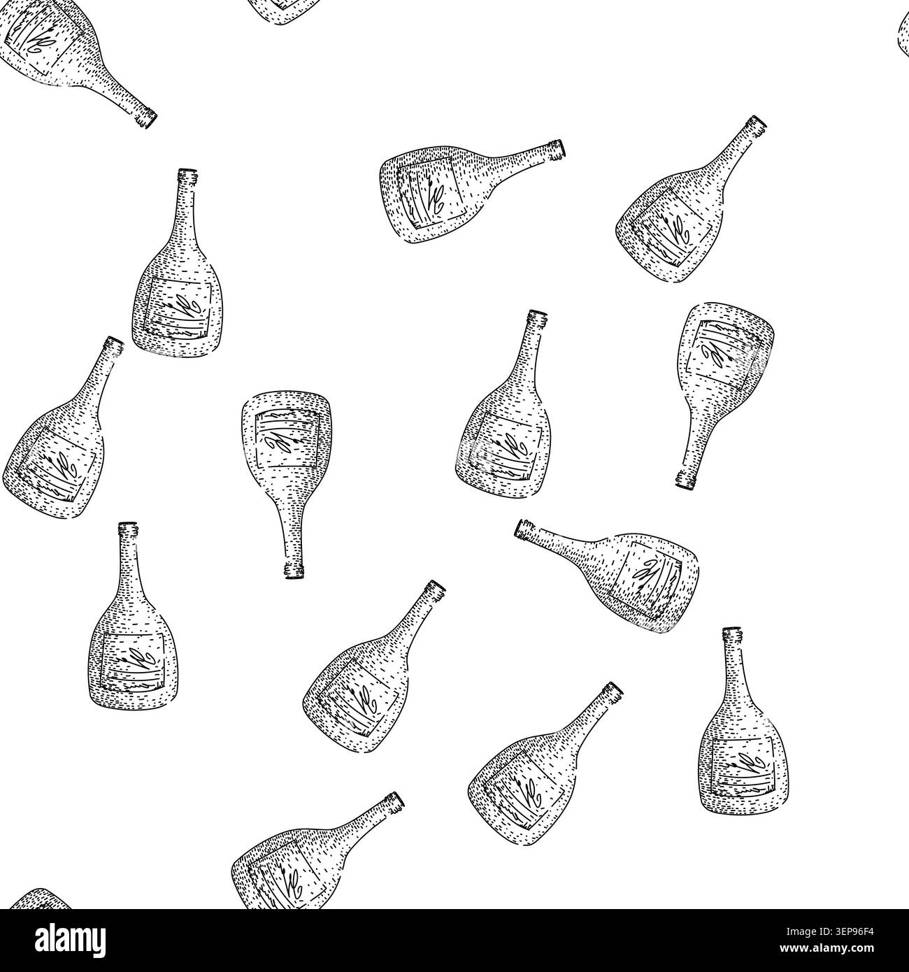 Modèle sans couture de style vintage illustration dessinée à la main d'une bouteille de vin ouverte en art de ligne noir et blanc, évoquant la célébration rustique, charme vinicole, Illustration de Vecteur