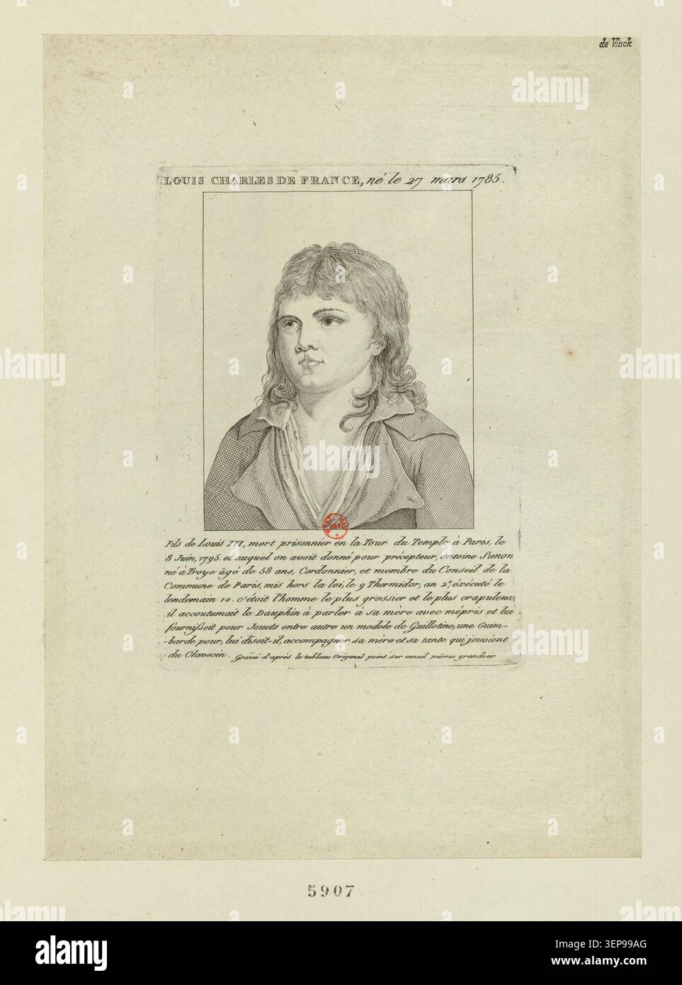 Louis Charles de France, identifié comme le fils de Louis XVI, est commémoré dans un portrait gravé notant sa mort en tant que prisonnier dans la Tour du Temple à Paris le 8 juin 1795. Banque D'Images