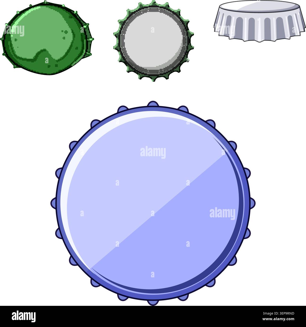 Divers bouchons de bouteille colorés, y compris vert, argent et bleu, présentés à partir du haut, perspectives de fond et de côté, illustrant les fermetures d'emballage Illustration de Vecteur