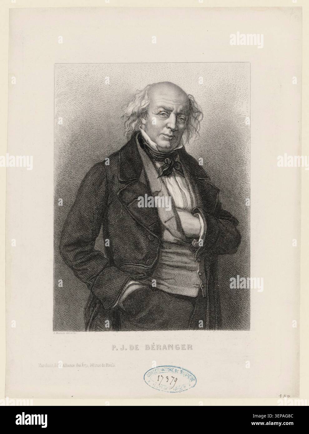 Pierre-Jean de Béranger apparaît dans un portrait gravé d'Alphonse-Charles Masson daté de 1870. L'estampe enregistre le poète et auteur-compositeur français et conserve sa ressemblance dans la culture littéraire et musicale du XIXe siècle en France. Banque D'Images