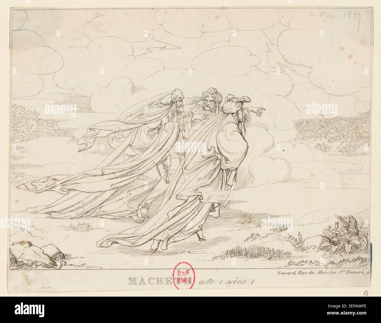La gravure illustre la scène d'ouverture de Macbeth Act 1 scène 1 de William Shakespeare, présentant une composition littéraire dramatique liée à des interprétations visuelles du théâtre et de la littérature du XIXe siècle. Banque D'Images