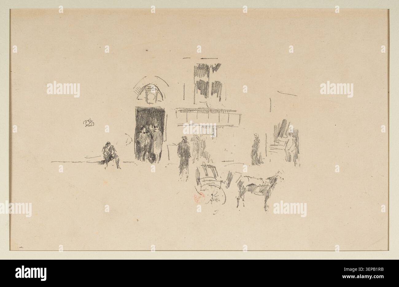 James McNeill Whistler produit une gravure intitulée Gaiety Stage Door en 1879, présentant une entrée de théâtre londonienne où les artistes et le mouvement public convergent autour de la zone de la porte de scène, rendue par une gravure linéaire raffinée et une structure tonale discrète typique de ses études urbaines. Banque D'Images
