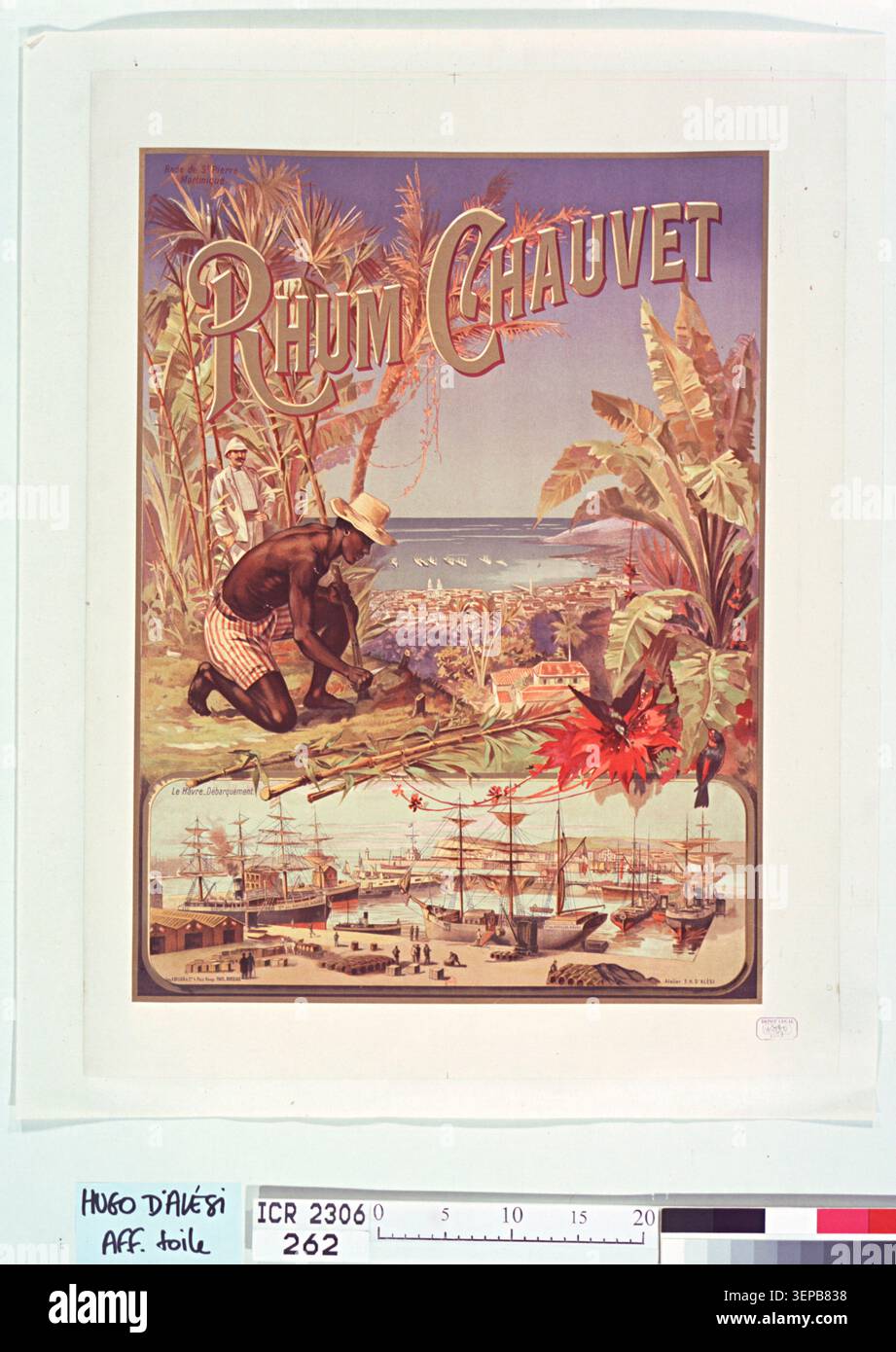 Une gravure publicitaire réalisée en 1894 par l'Atelier F. H. d'Alési fait la promotion du Rhum Chauvet à travers une affiche commerciale associée à la publicité des boissons françaises et au marché en expansion du rhum de marque à la fin du XIXe siècle. Banque D'Images