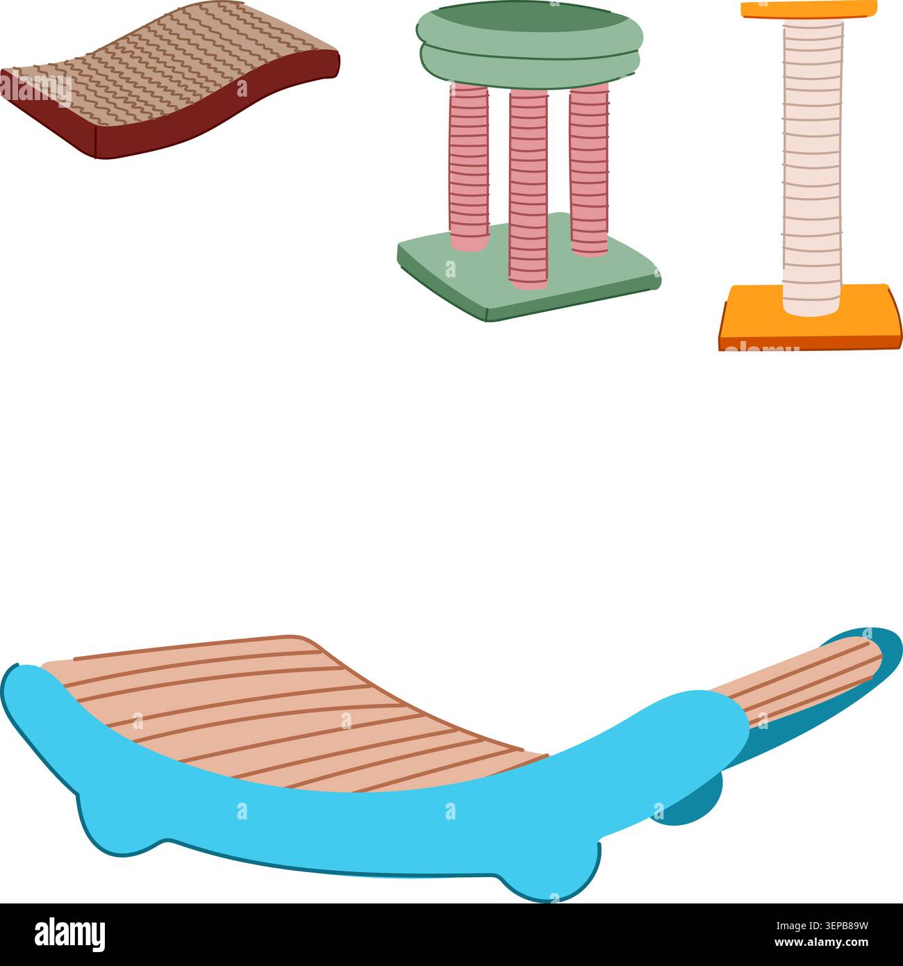 Ensemble de poteaux de grattage et de tampons illustrés de conception plate pour chat fournissant des accessoires pour animaux de compagnie pour la santé des pattes, la promotion du bien-être animal et la protection de la hom Illustration de Vecteur