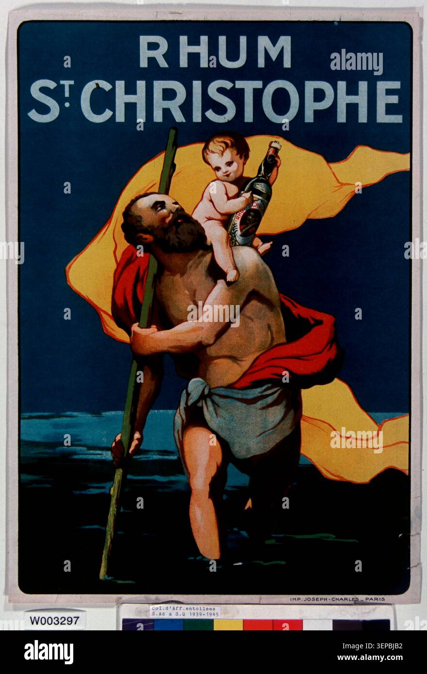 Une affiche publicitaire 1925 pour Rhum St Christophe promeut le rhum à travers un design commercial imprimé. La composition appartient à la publicité française des boissons et reflète le marketing des boissons alcoolisées de marque au début du XXe siècle. Banque D'Images