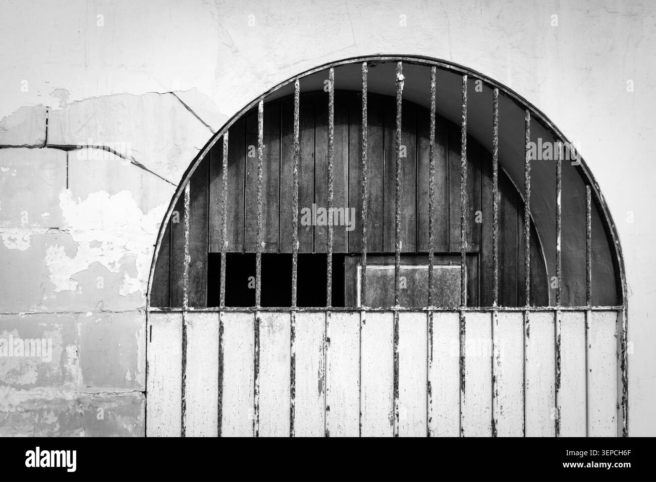 Porte arquée vieillie avec barres verticales et mur altéré en noir et blanc Banque D'Images