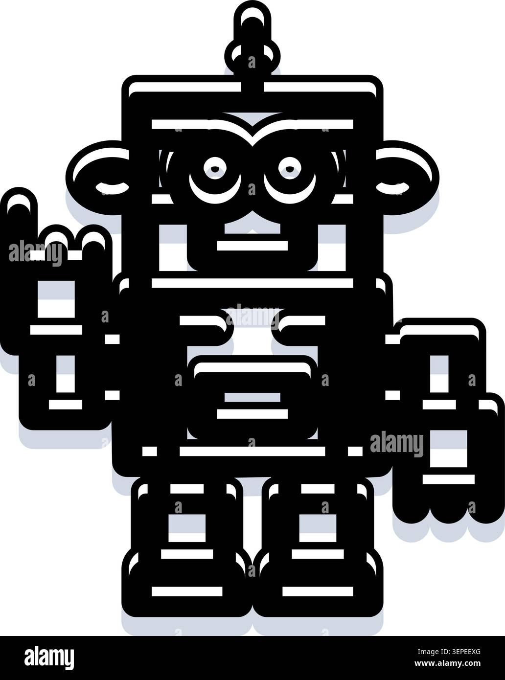 Illustration stylisée de personnage de robot créant un geste de main rock and roll, symbolisant l'autonomisation, le plaisir et l'innovation dans un digita rétro futuriste Illustration de Vecteur