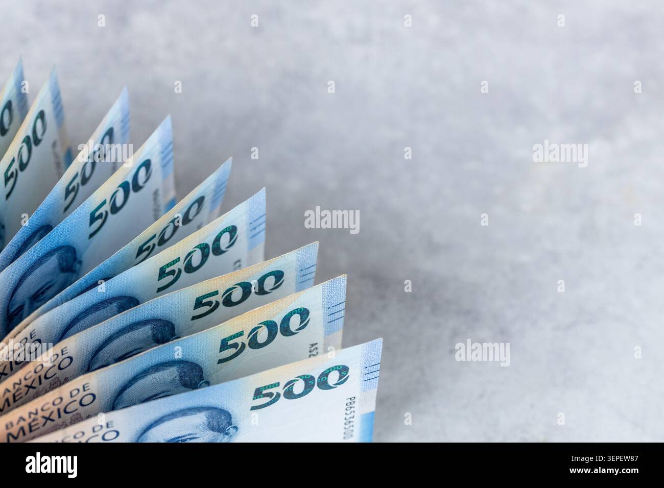Fan de billets mexicains de 500 pesos sur fond gris. Finance, économie et monnaie du Mexique concept. Copier l'espace Banque D'Images