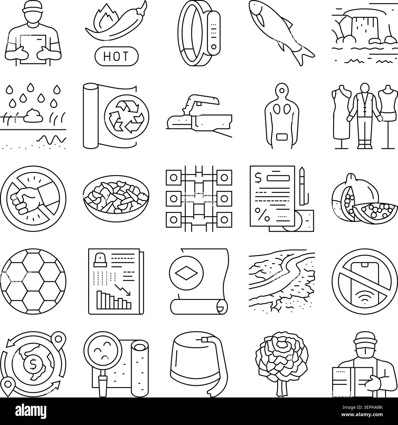 Visualisation de divers secteurs économiques et concepts de mode de vie à travers une collection complète d'icônes de contour, y compris la livraison, la nourriture, la technologie, Illustration de Vecteur