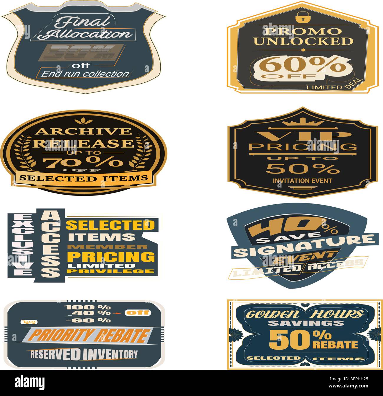 Collection de badges de vente de luxe premium avec accès exclusif, prix VIP, promo débloqué et étiquettes de remise pour le marketing de détail. Illustration de Vecteur
