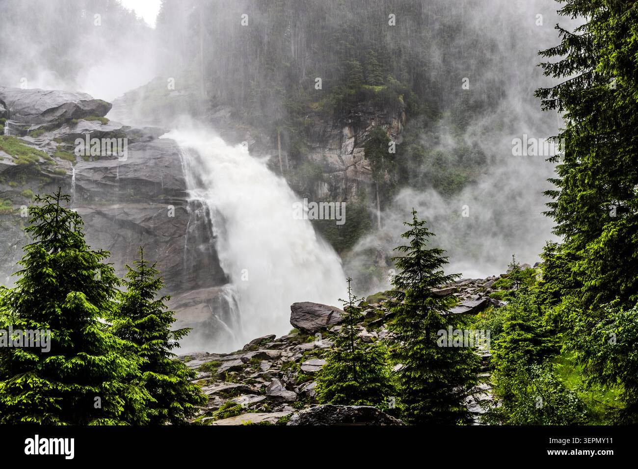 Les chutes d'eau de Krimml dévalent une série de marches rocheuses. Une fine brume se dépose sur les épicéas environnants. Pinzga Loipe, Oberkrimml, Krimml, Bezirk Zell am See, Salzbourg, 5743, Autriche Banque D'Images